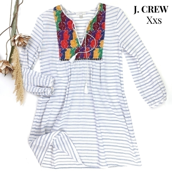 New J. Crew Boho White Stripe Multicolored Embroidered Cotton Dress Sz X… - Picture 1 of 11